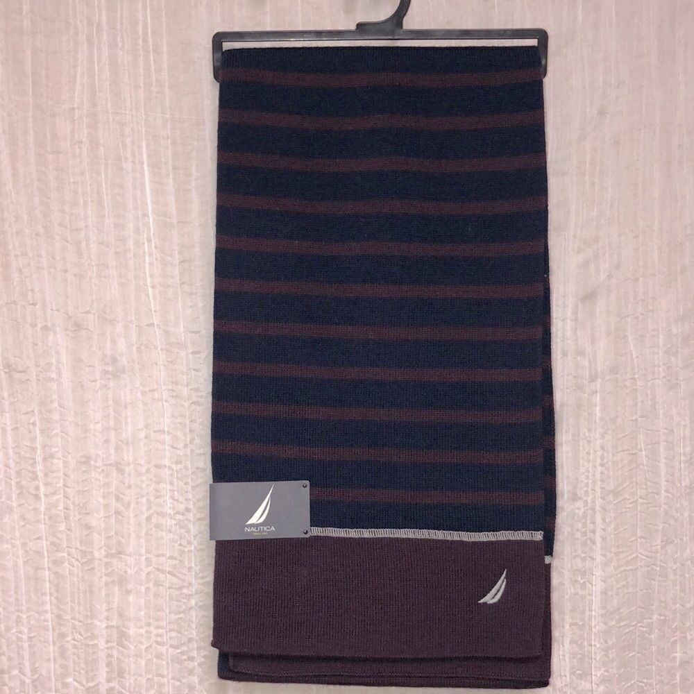 Nautica Burgundy Navy Wool Blend Striped Knit Scarf